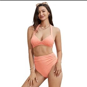 Winter 2024 swimwear in this V Front Halter and Shirred HighWaist Bikini Set!